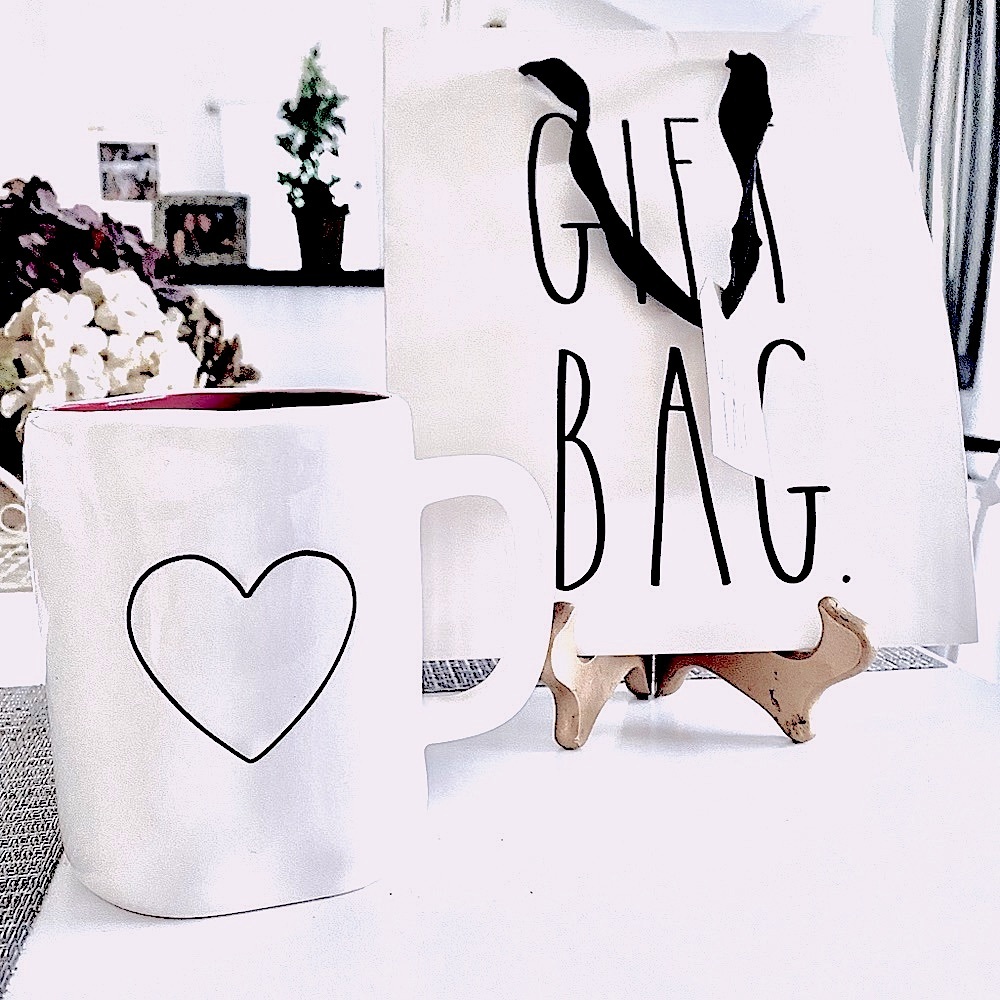 Rae Dunn “Heart” Mug & paper Rae Dunn Gift Bag shown (gift bag $3 value)